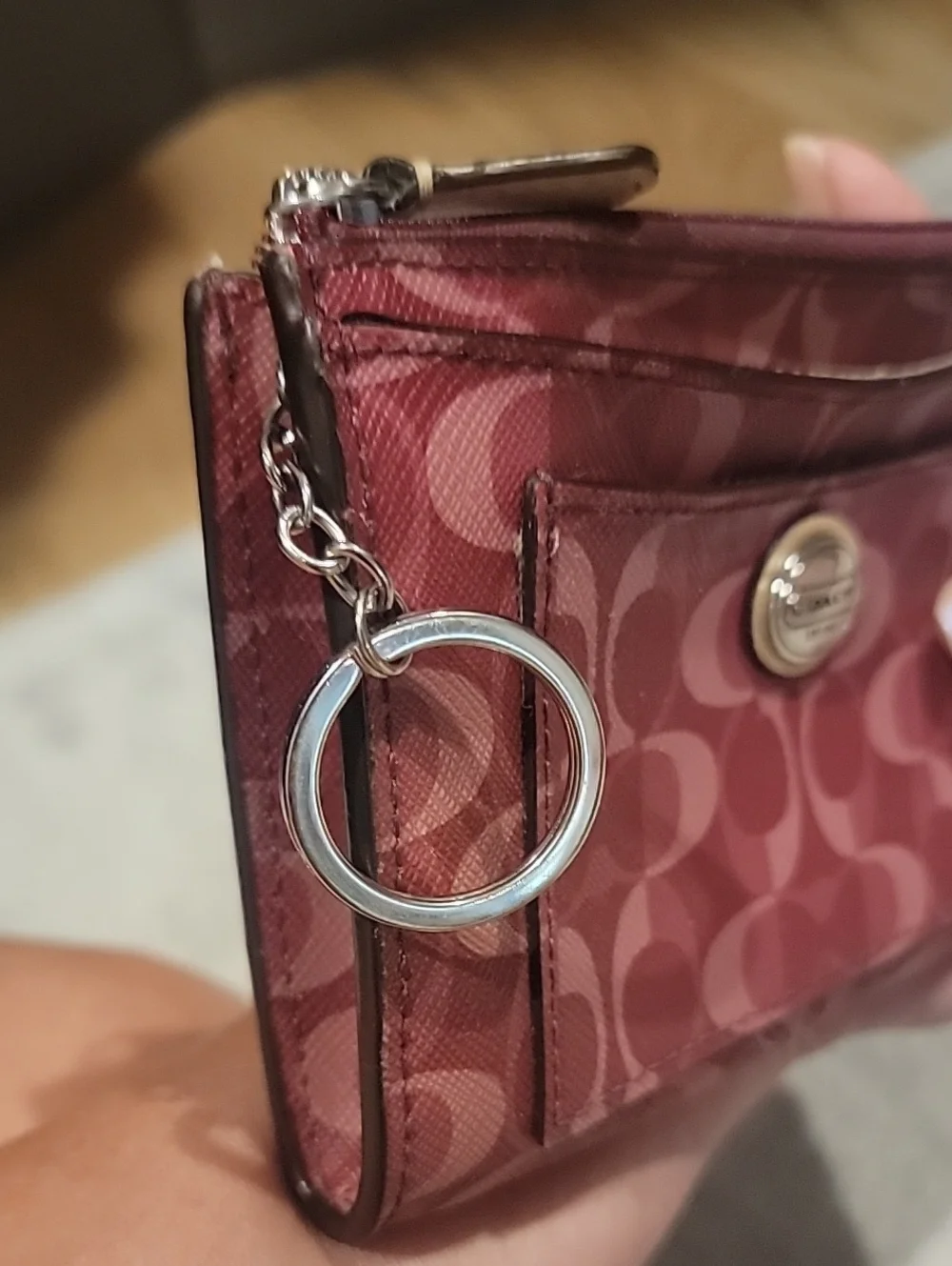 Coach Pink Signature Jacquard Zip Card Case with Key Ring